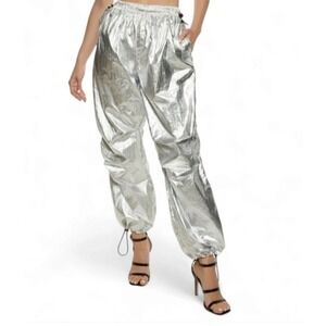 VINYL ICONS Silver Metallic Shiny Foil Pants Parachute Rave Party Festival XL